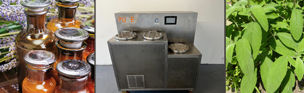 Trust PURE5 for your cannabis equipment provider! 3 pictures in 1 -> cannabis oil jars, LPE hemp extractor MAX machine and the third one is some leaves